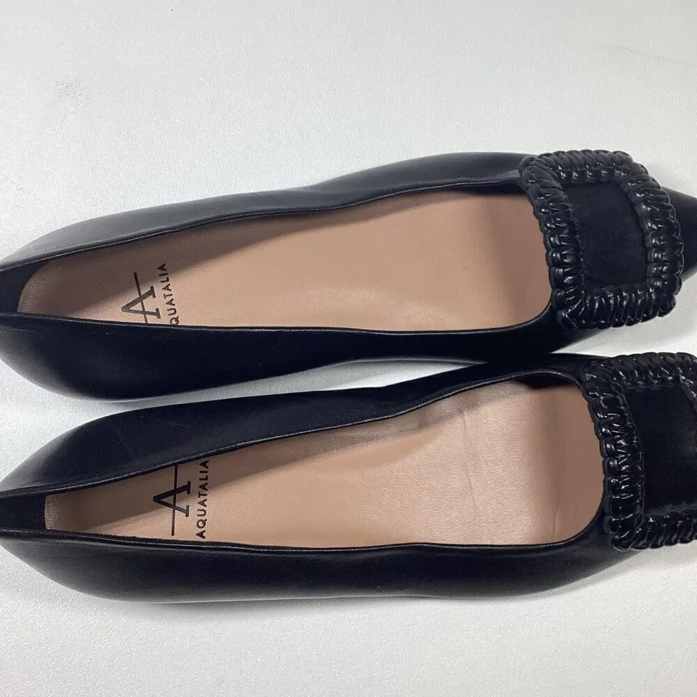 Aquatalia Adorned Black Woven‎ Leather Square Toe Flats  Size 7